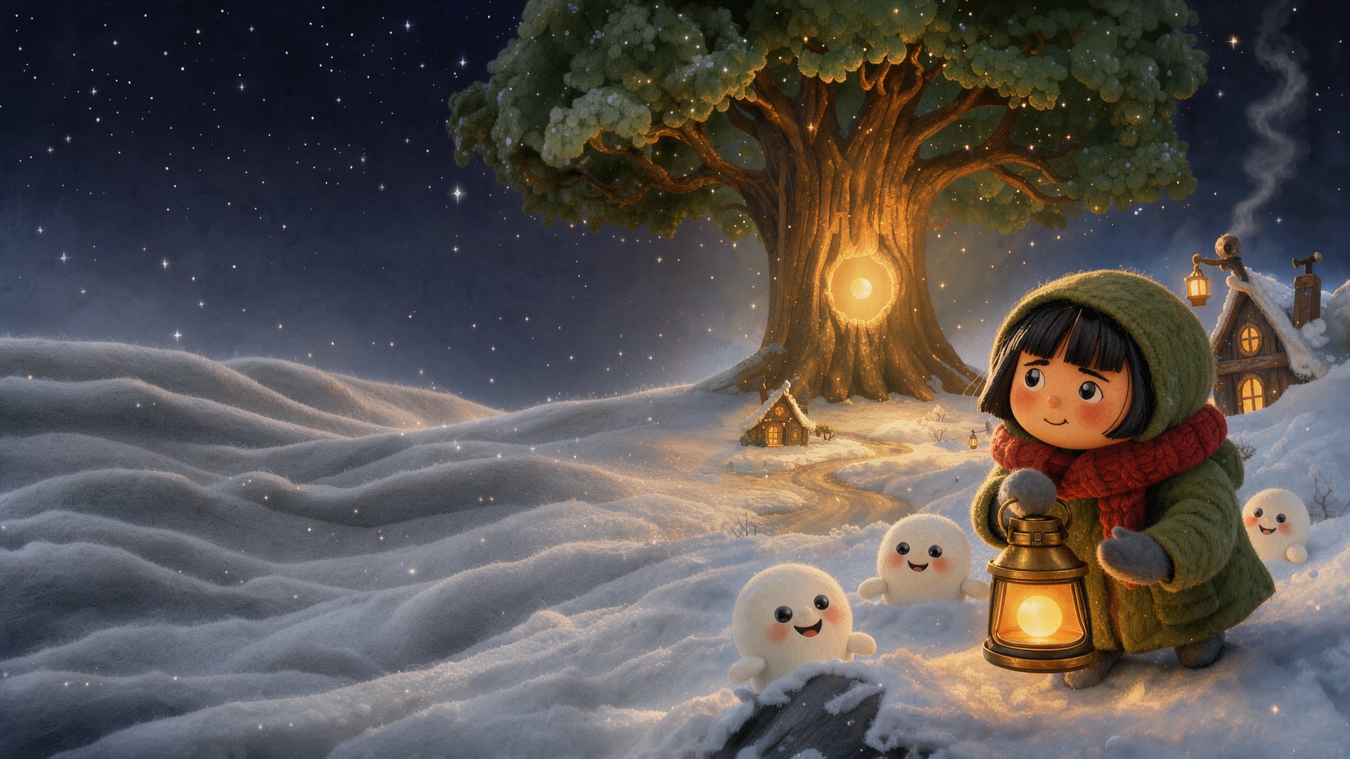 Wren, a young lantern-keeper in a green hood and red scarf, holds a glowing lantern in a snowy valley at night. Smiling Frostnibblers gather beside her, and the Hearthlight glows inside the Elder Oak behind them.